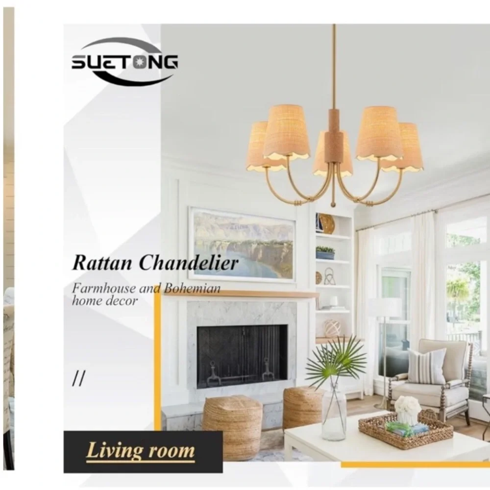 NIB Boho Rattan Chandelier Fabric Shade Antique Gold Brass 5-Lights Hemp Rope